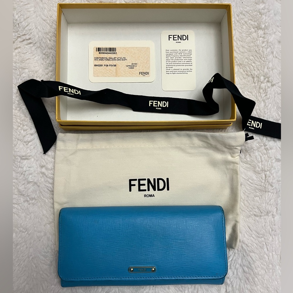 Fendi Blue Leather Continental Wallet includes card, box, dust bag & ribbon GUC